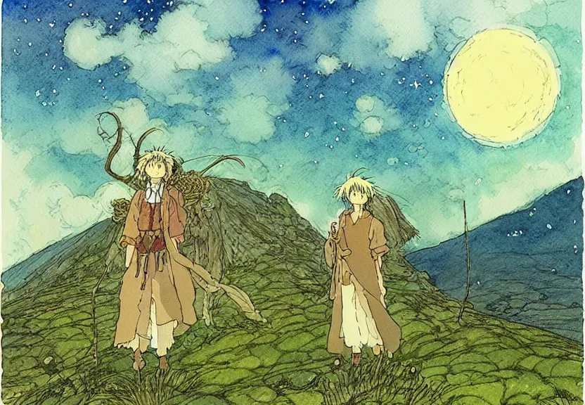 Image similar to a simple watercolor studio ghibli movie still fantasy concept art of a giant shaman from howl's moving castle ( 2 0 0 4 ) on the moors of ireland. it is a misty starry night. by rebecca guay, michael kaluta, charles vess