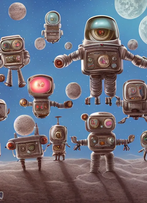 Image similar to highly detailed closeup, group portrait of a 1 8 8 0 s retro toy robots land on the moon, unreal engine, nicoletta ceccoli, mark ryden, earl norem, lostfish, global illumination, detailed and intricate environment