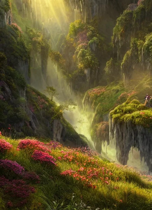 Image similar to a flying fairy in the distance of a lord of the rings scenery landscape, a vast lush valley flowers and wood structures, stream, sunrise, god's rays highly detailed, vivid color, cinematic lighting, cosmic, perfect composition, 8 k, gustave dore, derek zabrocki, greg rutkowski, belsinski, octane render