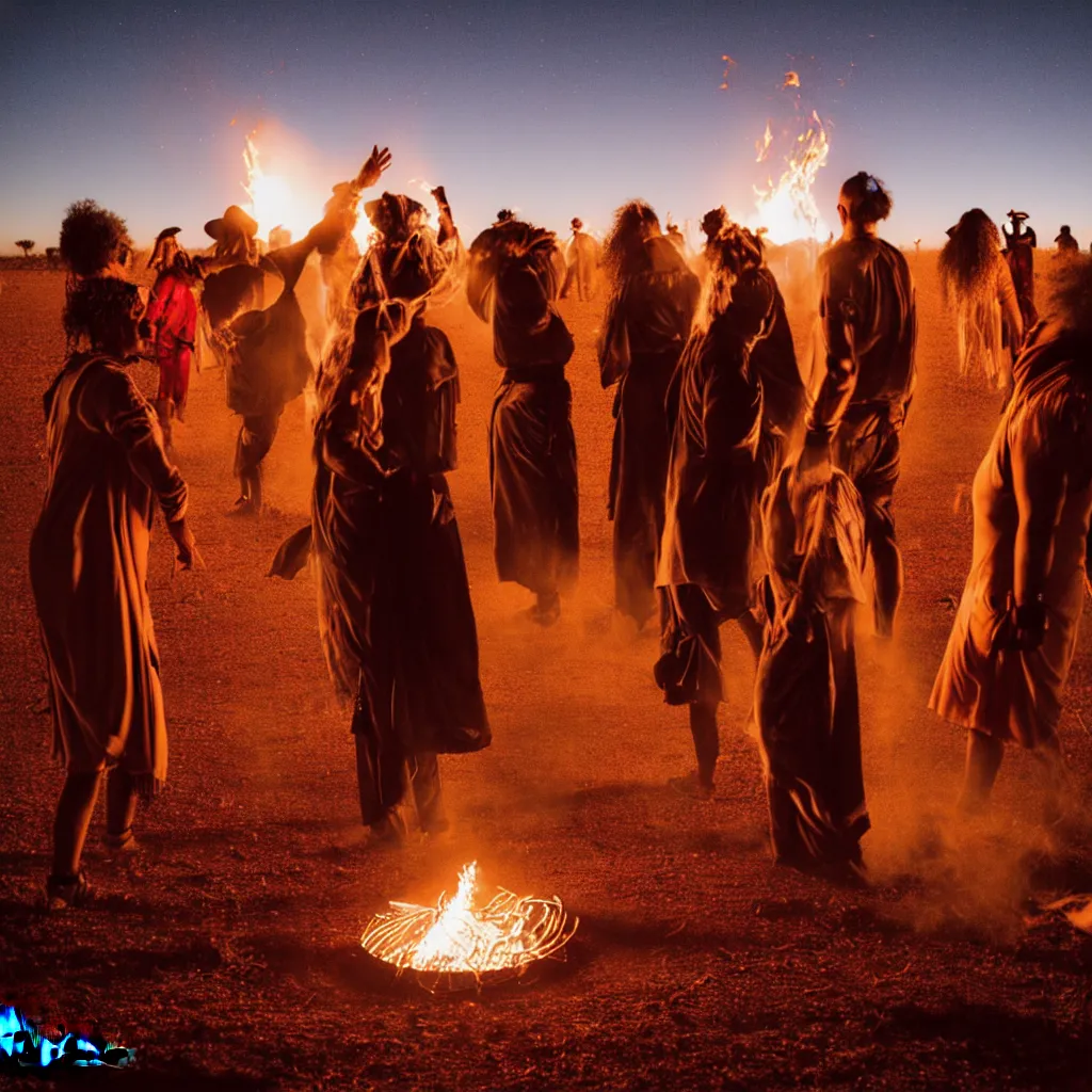 Prompt: photograph of three ravers, two men, one woman, woman is in a trenchcoat, blessing the soil at night, seen from behind, fire circle, two aboriginal elders, dancefloor kismet, diverse costumes, clean composition, desert transition area, bonfire, atmospheric night, australian desert, symmetry, sony a 7 r