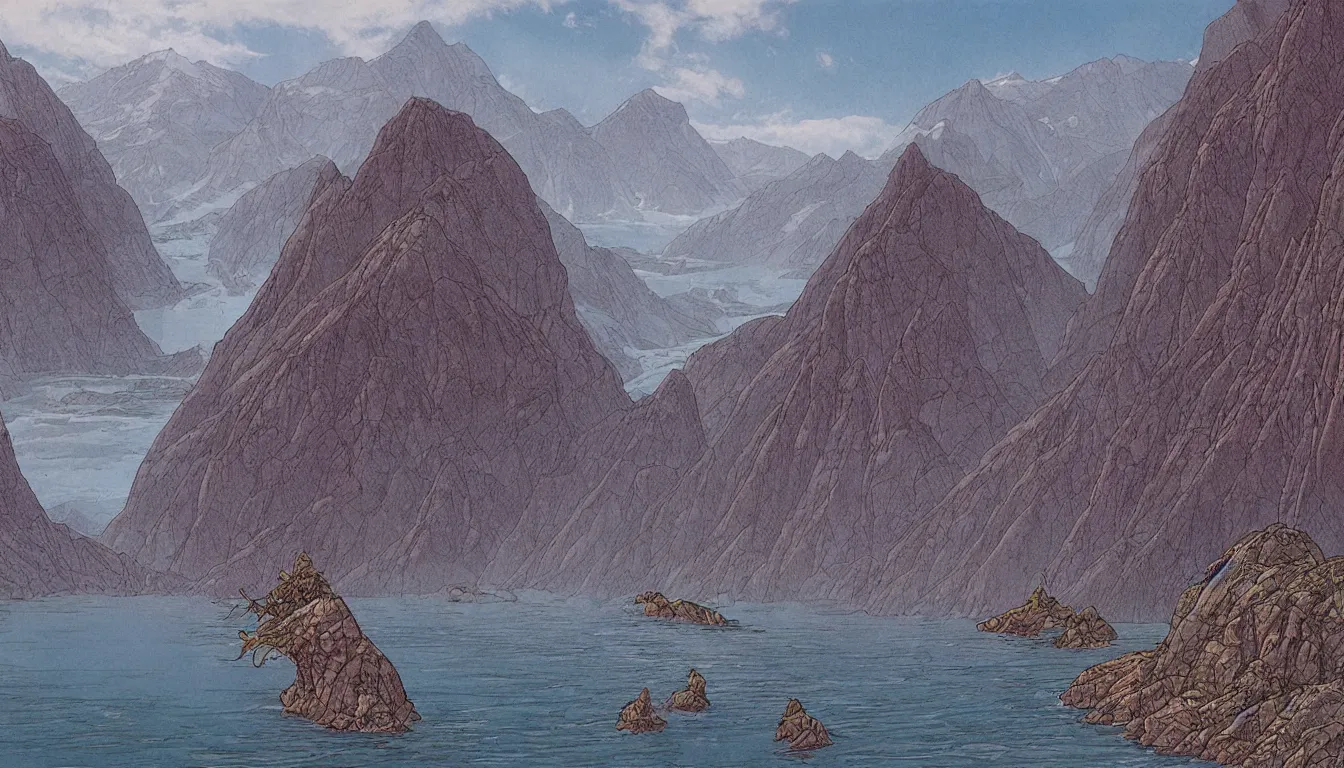 Image similar to epic fjords by moebius