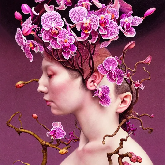 Prompt: extremely psychedelic fetus made of orchid and cherry blossom tree and mushroom, LSD, diffuse lighting, fantasy, intricate, elegant, highly detailed, lifelike, photorealistic, digital painting, artstation, illustration, concept art, smooth, sharp focus, art by John Collier and Albert Aublet and Krenz Cushart and Artem Demura and Alphonse Mucha