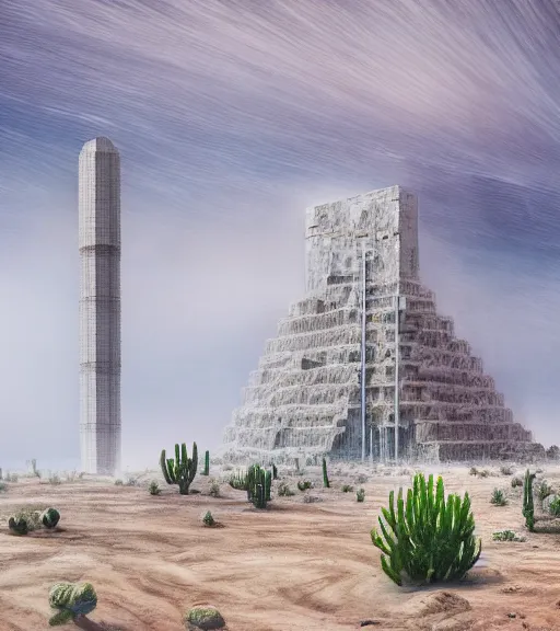 Image similar to real theory of a white stepped high tech architecture, ancient epic tower of babylon in the mining tailings in the desert, biroremediation plant, foggy, patchy cactus, oil painting, pale colors, high detail, 8 k, wide angle, trending on artstation, behance