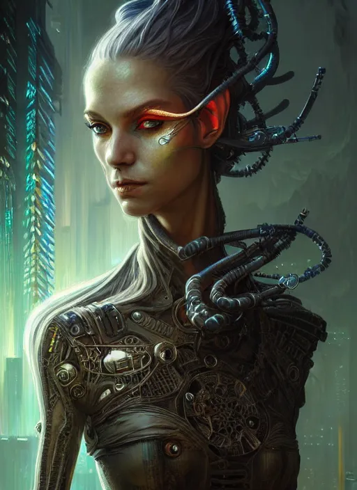 Prompt: portrait shot of a cyberpunk elf in a scenic dystopian environment, intricate, elegant, highly detailed, centered, digital painting, artstation, concept art, smooth, sharp focus, illustration, artgerm, tomasz alen kopera, peter mohrbacher, donato giancola, joseph christian leyendecker, wlop, boris vallejo