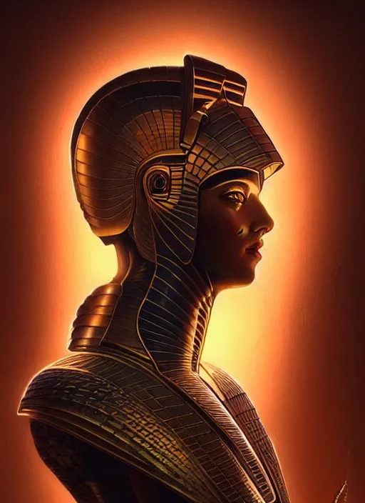 Image similar to Profile!! portrait of an egyptian god, sci-fi armour, tech wear, glowing lights!! sci-fi, intricate, elegant, highly detailed, digital painting, artstation, concept art, smooth, sharp focus, illustration, art by artgerm and greg rutkowski and alphonse mucha