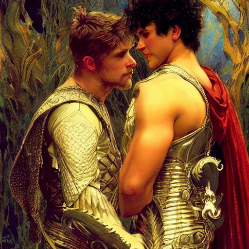 Image similar to stunning arthur pendragon in love with stunning male merlin the mage. they are close to each other. highly detailed painting by gaston bussiere, craig mullins, j. c. leyendecker