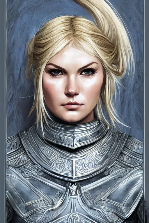 Prompt: head-on symmetrical centered painted portrait, Elisha Cuthbert as a paladin, blonde hair, ornate heavy plate armour, medieval robes, fantasy, intricate, elegant, highly detailed, smooth, sharp focus, illustration, artstation, in the style of Ross Tran and by Jesper Ejsing and by Mikalojus Konstantinas Ciurlionis