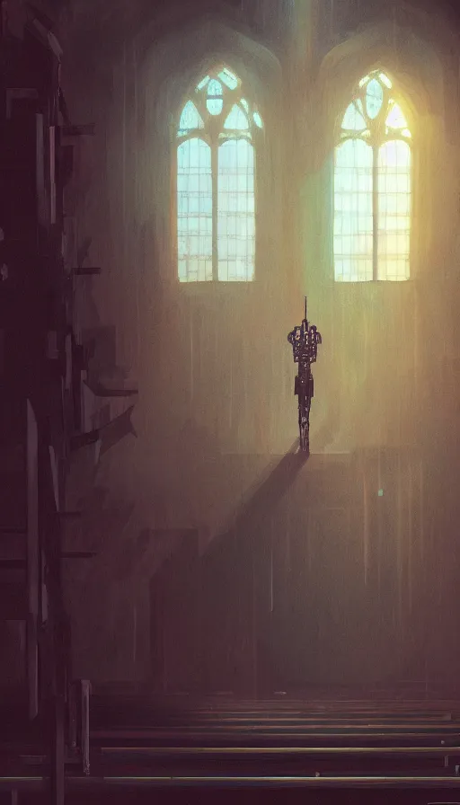 Image similar to portrait of broken humanoid metal robot praying in empty church, sunshine through window, bladerunner, cold color scheme, digital illustration, artstation, cinematic composition