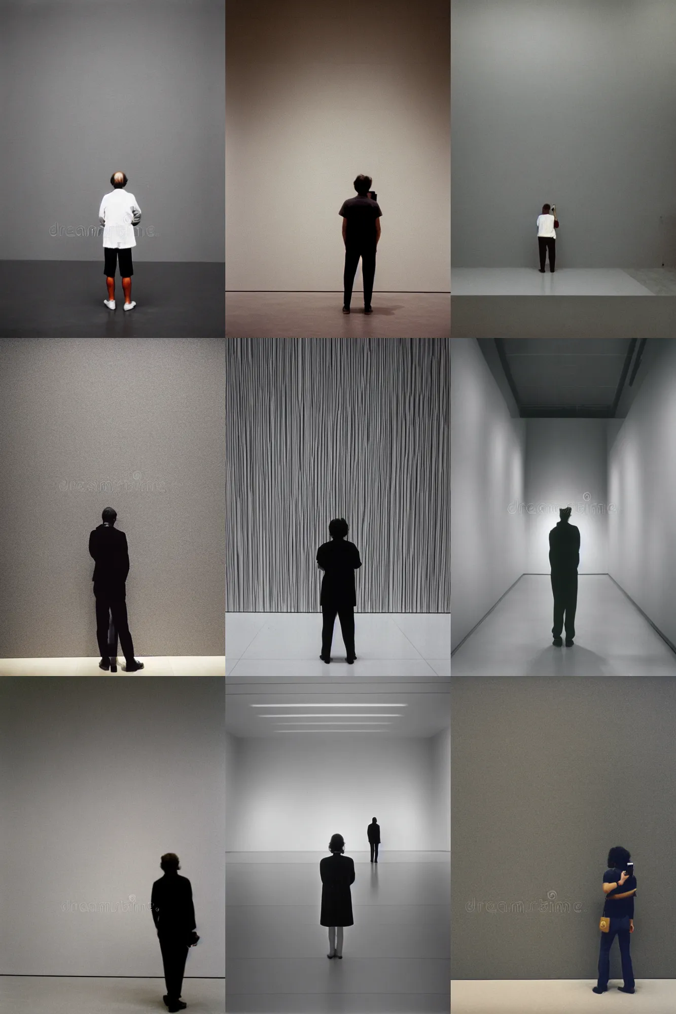Prompt: person seen from behind standing in an empty gallery contemplating over the empty opposite wall talking a smartphone photo, photo taken with provia 1987 getty images stock photography
