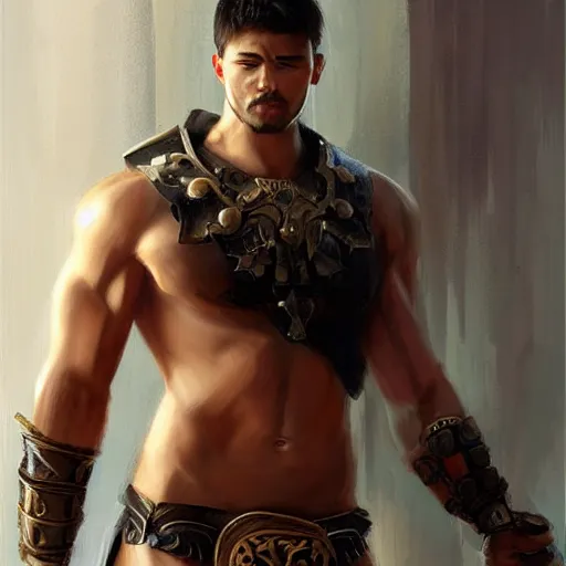 Gladiator, muscular, asian, handsome, detailed face, | Stable Diffusion