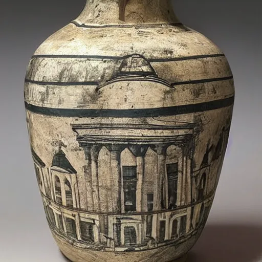 Prompt: a beautiful, ancient, greek amphora container, museum item, with drawings of new york's skyline