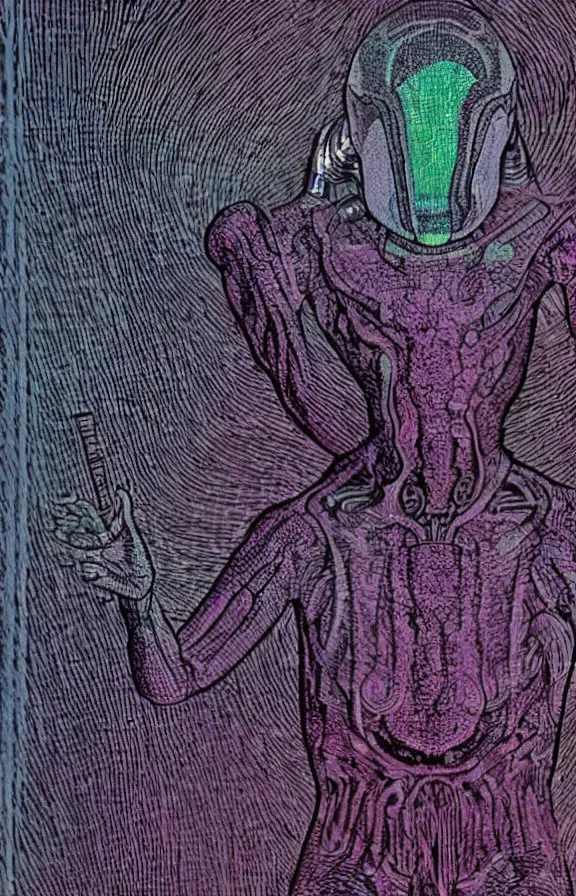 Prompt: Iridescent humanoid alien seen through a microscope, vintage sci-fi soft grainy in the style of moebius