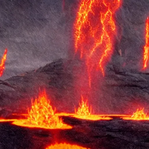 Image similar to movie still of an epic battle, lava in the background, highly-detailed, establishing shot, realistic