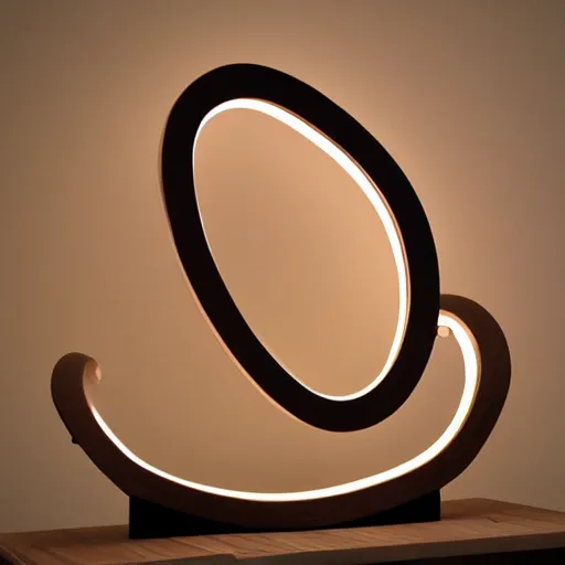 Prompt: circle shaped sculpture, curves, wood, lights