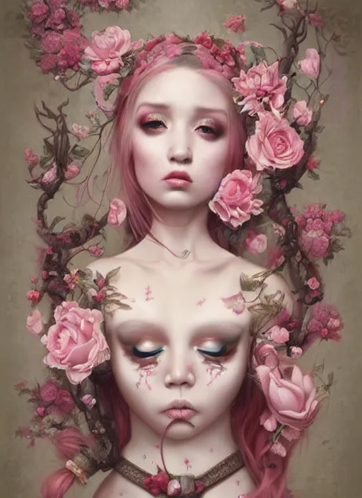 Image similar to pop surrealism, lowbrow art, realistic seductive cute woman painting, pink body harness, long hair, japanese shibari with flowers, hyper realism, muted colours, rococo, natalie shau, loreta lux, tom bagshaw, mark ryden, trevor brown style,