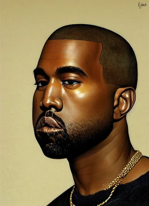 Prompt: A beautiful portrait of Kanye West, frontal, digital art by Eugene de Blaas and Peter Xiao, vibrant color scheme, highly detailed, in the style of romanticism