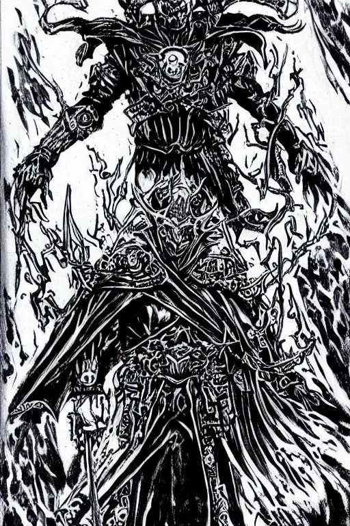 Image similar to black ink comic art eldritch portrait of a lich king cenobite by todd mcfarlane