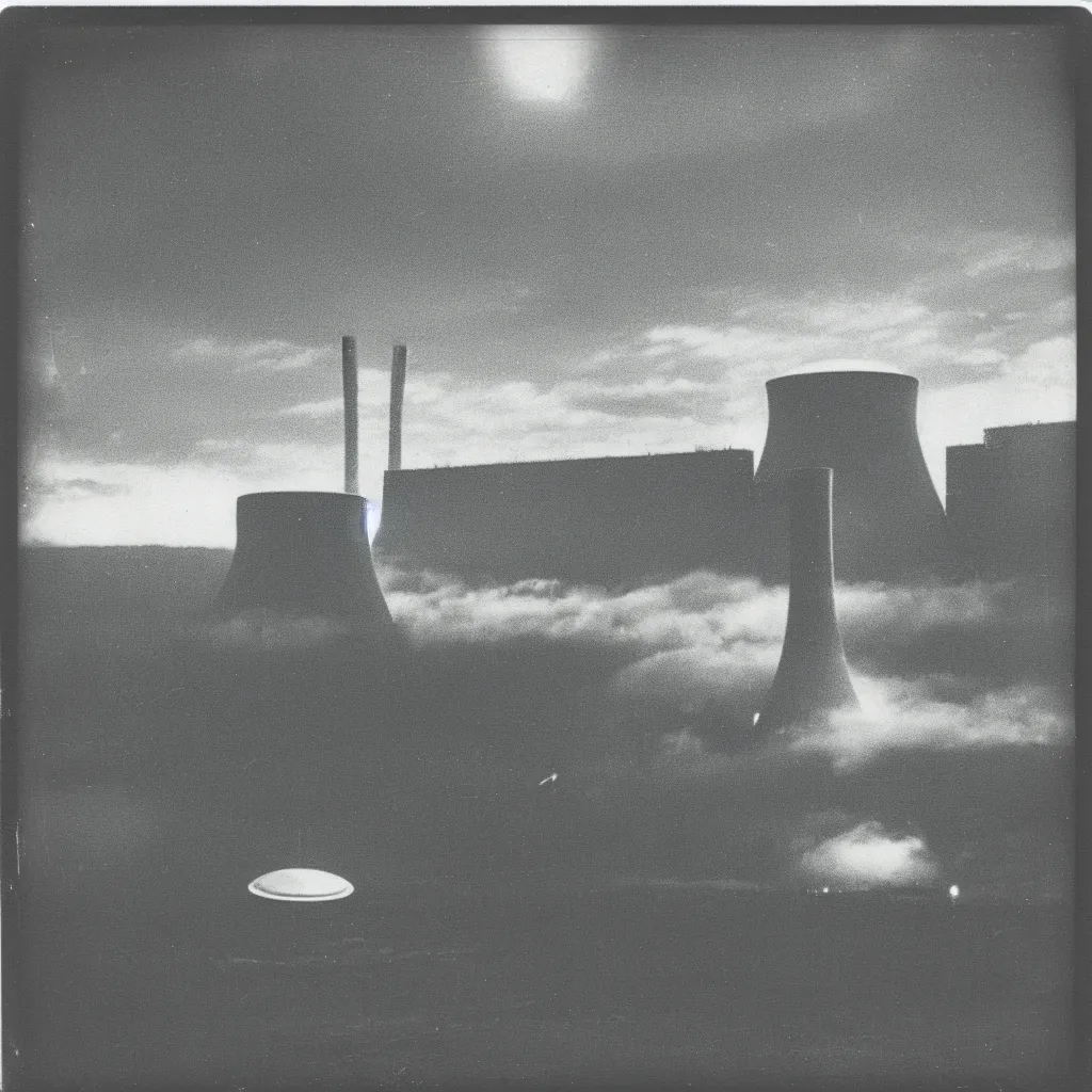 Prompt: old polaroid of an ufo flying above a nuclear plant, award winning, pictorialism, black and white, daylight