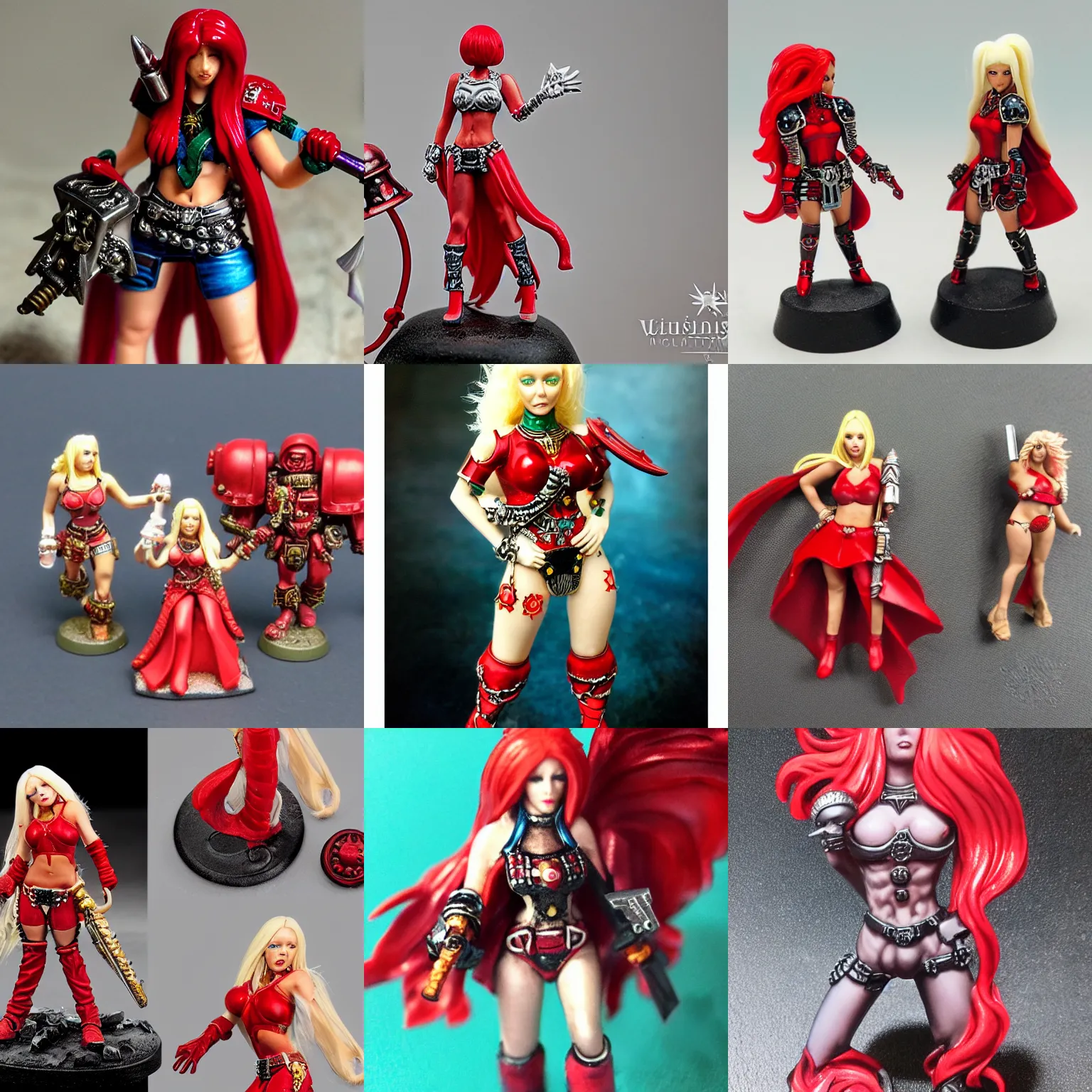 Prompt: resin miniature, warhammer 4 0 k, d & d, 2 8 mm heroic scale, christina aguilera come on over baby ( all i want is you ), platinum blonde with red extensions, halter top and bell bottoms, red pleather, swarovski applique. macro photograph, dslr. citadel colour painted minis.