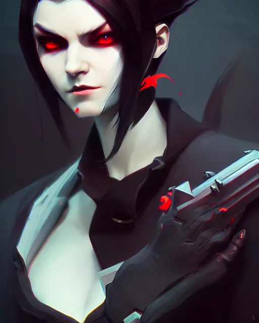 Image similar to hq rendering, dark vampire, character portrait, concept art, painterly, fanart, highly detailed in the style of overwatch by ilya kuvshinov, wenjun lin,