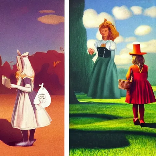 Image similar to Alice in Wonderland and Wizard of Oz by Raphael, Hopper, and Rene Magritte. detailed, romantic, enchanting, trending on artstation.