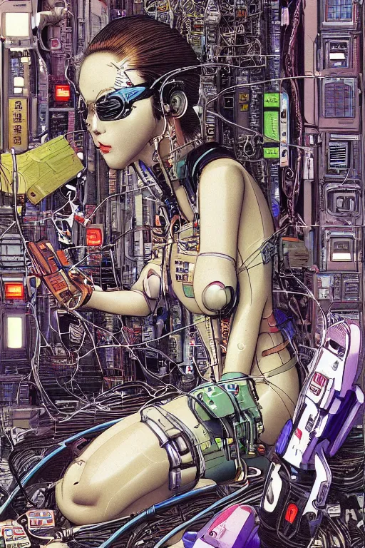 Image similar to an hyper-detailed cyberpunk illustration of a female android seated on the floor in a tech labor, seen from the side with her body open showing cables and wires coming out, by masamune shirow, and katsuhiro otomo, japan, 1980s, centered, colorful