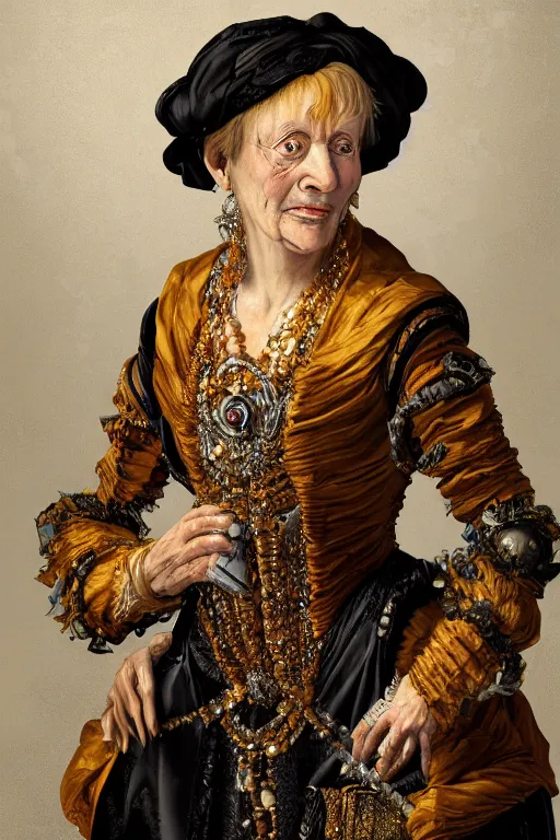 Prompt: portrait, headshot, digital painting, of a old 17th century, old lady cyborg merchant, amber jewels, implants, baroque, ornate clothing, scifi, futuristic, realistic, hyperdetailed, chiaroscuro, concept art, art by frans hals