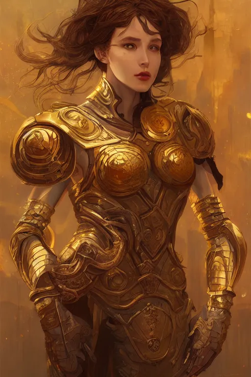 Prompt: portrait knights of Zodiac girl, golden and copper reflected armor, in ruined Agora of Athens, ssci-fi, fantasy, intricate, very very beautiful, elegant, highly detailed, digital painting, artstation, concept art, smooth, sharp focus, illustration, art by tian zi and WLOP and alphonse mucha