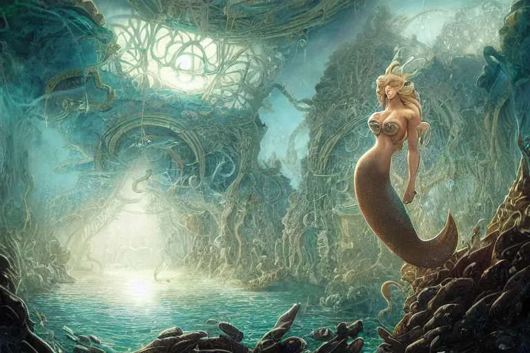 Prompt: a beautiful mermaid looking at the sunken city of Atlantis under water, rays of sunlight, stunning undersea grand architecture in the style of Joe Fenton, art style by Greg Rutkowski and Mohrbacher, deep underwater scene, dark and moody, faint volumetric god rays, grim crushing atmosphere