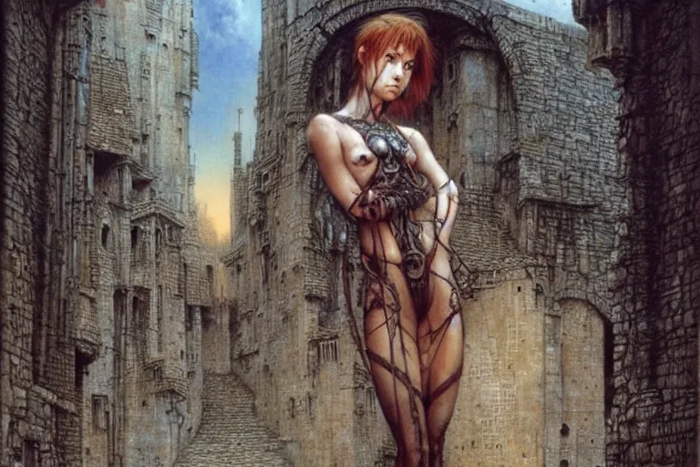 Image similar to cute young alyson hannigan with short hairs in medieval city by luis royo and wayne barlowe, beksinski