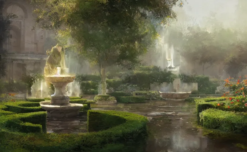 Prompt: Beautiful garden, next to a fountain and a mystical palace, intricate, elegant, volumetric lighting, digital painting, highly detailed, artstation, sharp focus, illustration, concept art, ruan jia, steve mccurry