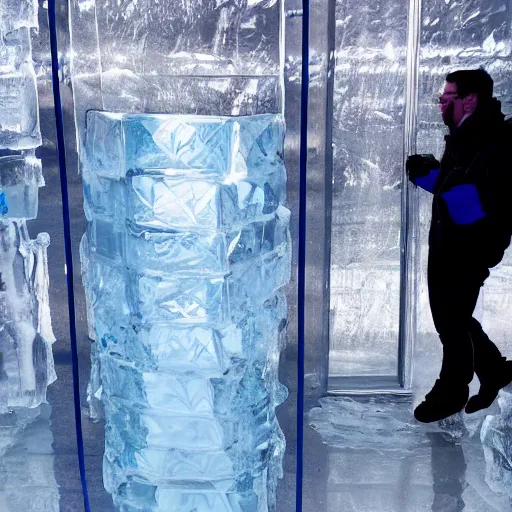 Image similar to see through clear sheet of ice in front of man man behind ice