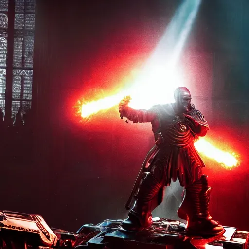 Image similar to Kanye West as the emperor of humanity from warhammer 40k in Gears of War, splash art, movie still, cinematic lighting, detailed face, dramatic, octane render, long lens, shallow depth of field, bokeh, anamorphic lens flare, 8k, hyper detailed, 35mm film grain