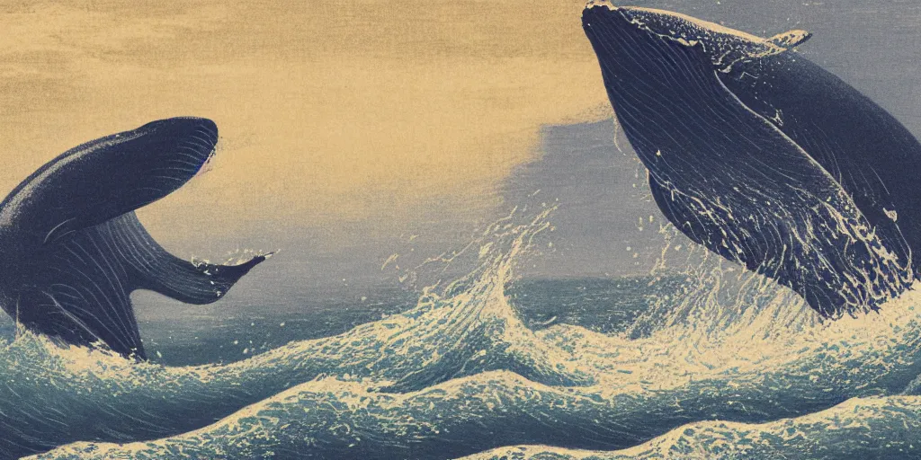 Prompt: An aesthetically pleasing, dynamic, energetic, lively, well-designed digital art of a whale, ripples, waves, sea foam, light and shadow, ocean caustics, aizome patterns, by Ohara Koson and Claude Monet, traditional Japanese colors, superior quality, masterpiece, excellent use of negative space.