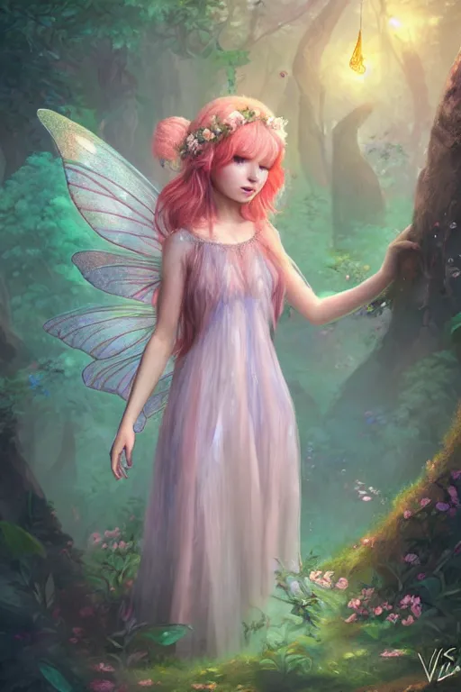 Image similar to a cute and geogerous fairy in the dreamy forest, fantasy, dreamlike, 8 k resolution, hyper detailed, d & d, character design, digital painting, trending on artstation, sharp focus, illustration, art by viktoria gavrilenko, hoang lap, fuji choko, steve zheng,