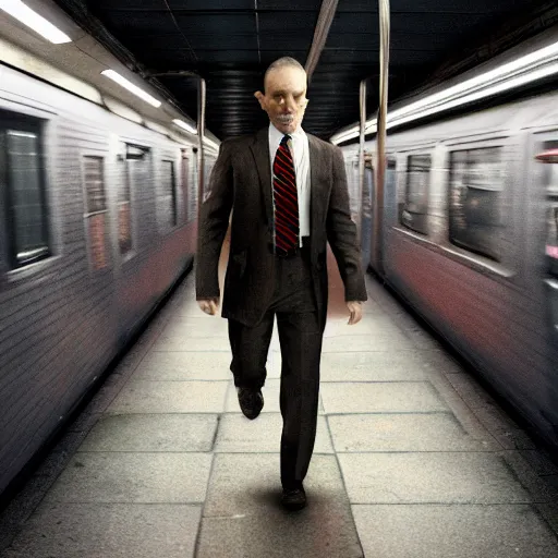 Prompt: mr ed runnning to catch the nyc subway, frantic, wearing a suit, style of norman rockwell, style of richard corben, ultra detailed, 8 k, rule of thirds, cinematic lighting.