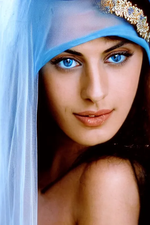 Image similar to young Monica Belluci as an Arab woman, tanned skintone, bright blue eyes, white veil, model face, light blue decent dress, closeup portrait, focus