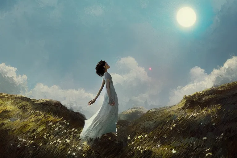 Image similar to huge white daisy flower blooming as a face, girl standing on cliff, surreal photography, solar eclipse, stars, dramatic light, impressionist painting, clouds, digital painting, artstation, james gilleard, liam wong, jeremy mann, simon stalenhag