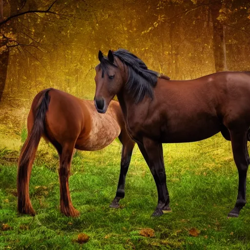 Image similar to two horses lying on the woods path, having arrows on their body, photo, 8 k