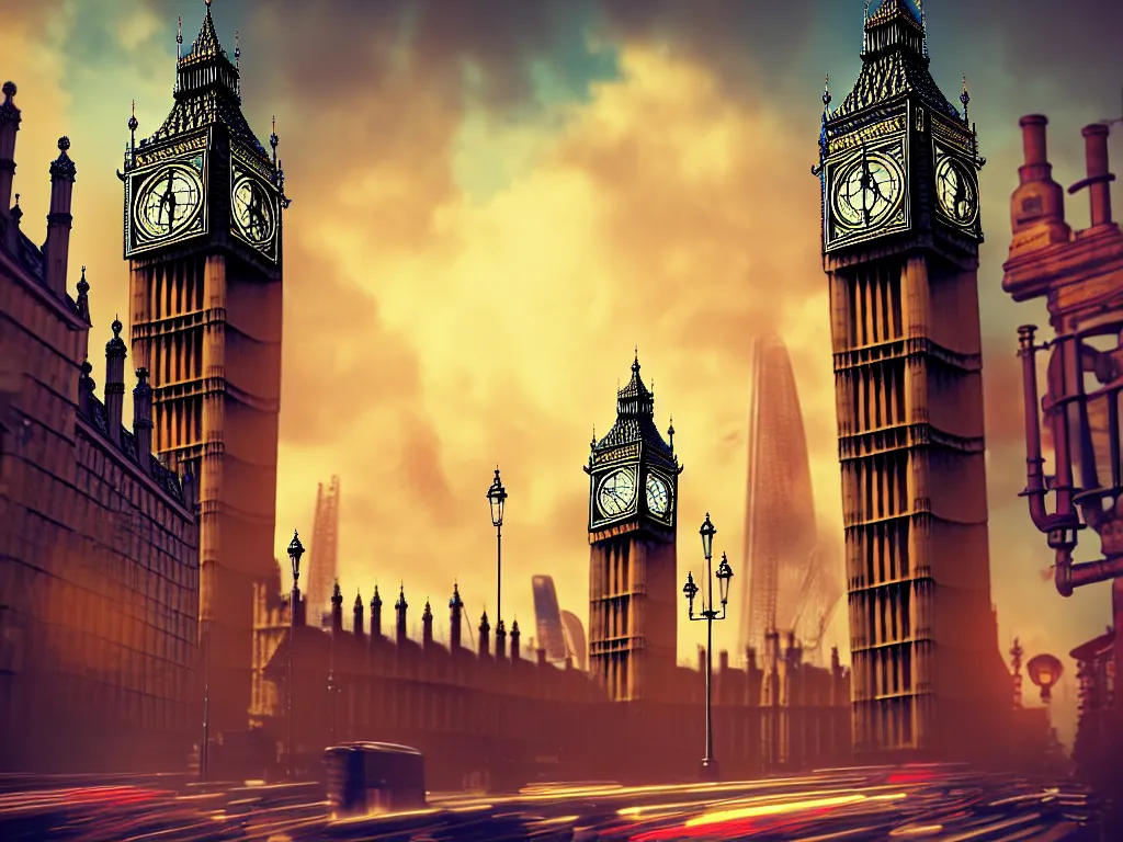 Image similar to a giant ancient beautiful cyborg of the elder gods with pipes and tubes in the city of London, London streets with bigben in the background, colourful, dramatic lighting, golden hour, very detailed octane render very realistic beautiful