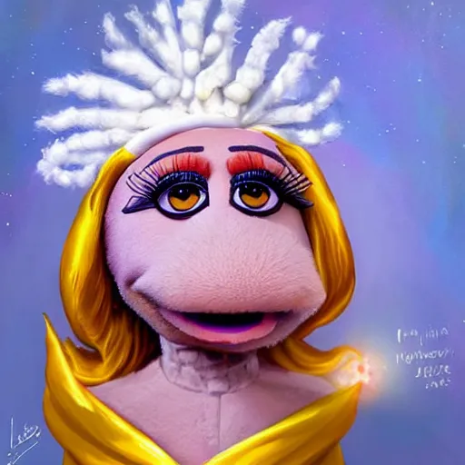 Prompt: « full length portrait of nancy pelosi as an muppet in a white robe and flaming yellow eyes, seven stars in right hand, grim - lighting, high - contrast, intricate, elegant, highly detailed, digital painting, artstation, concept art, smooth, sharp focus, illustration »