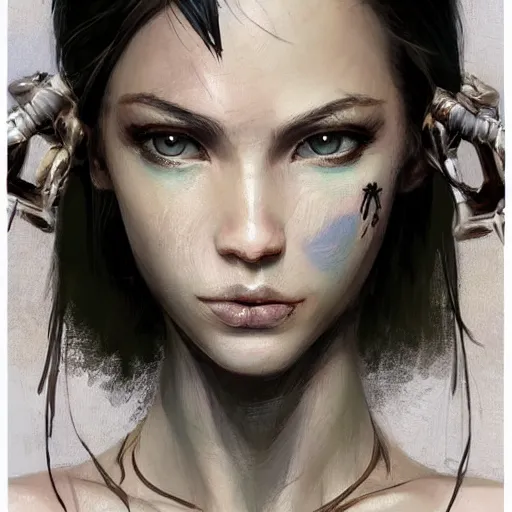 Image similar to tattoo design, a professional painting of a beautiful young female, partially clothed in battle armor, olive skin, long dark hair, beautiful bone structure, symmetrical facial features, intricate, elegant, digital painting, concept art, smooth, sharp focus, illustration, from Metal Gear, by Ruan Jia and Mandy Jurgens and Greg Rutkowski and Artgerm and William-Adolphe Bouguerea and artgerm, cat girl, anime