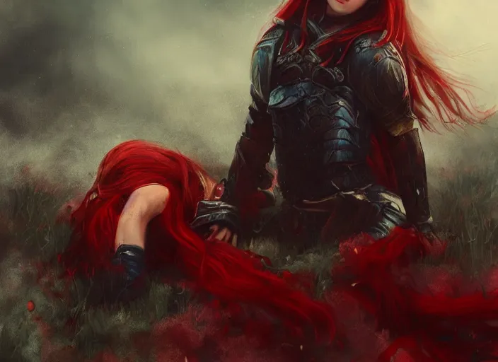 Image similar to landscape, portrait painting beautiful realism, a japanese girl red hair in armor who was sprawled out was about to rise, his face covered in blood. cinematic scene, good lighting, fine art, trending on artstation, smooth draw, sharp focus.