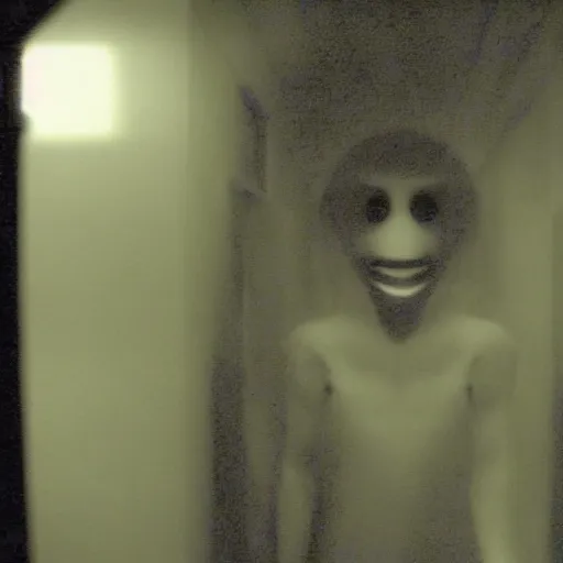 Image similar to humanoid ghost with an unnatural smile from the p. t. video game, it has huge eyes and is staring at the camera from the end of a dark hallway. caught on vhs, film grain,