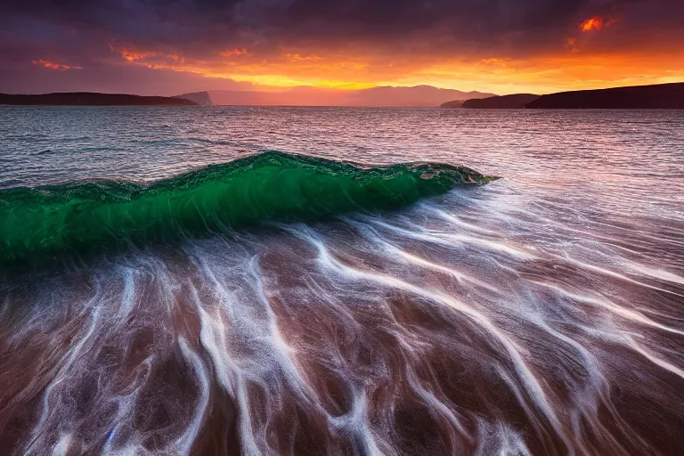 Image similar to landscape photography by marc adamus, waves in the shore, sunset, lake