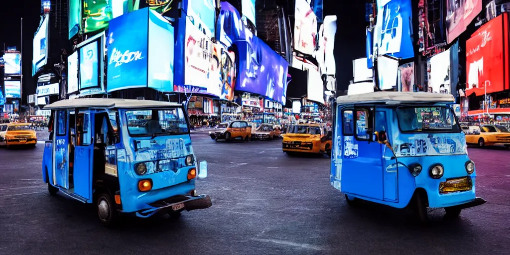 Image similar to a blue and white tuk tuk in Times Square at night, highly detailed, hazy, cloudy, intense neon lighting, matte painting, concept art, 4k