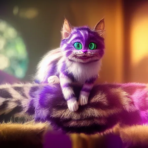 Image similar to full body pose, hyperrealistic photograph of the cheshire cat as a cute kitten, dim volumetric lighting, 8 k, octane beautifully detailed render, extremely hyper detailed, intricate, epic composition, cinematic lighting, masterpiece, trending on artstation, very very detailed, stunning, hdr, smooth, sharp focus, high resolution, award, winning photo, dslr, 5 0 mm