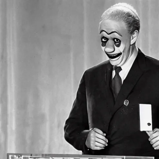 Prompt: photo of an old television showing a president that has a clown face and is giving a speech over a podium