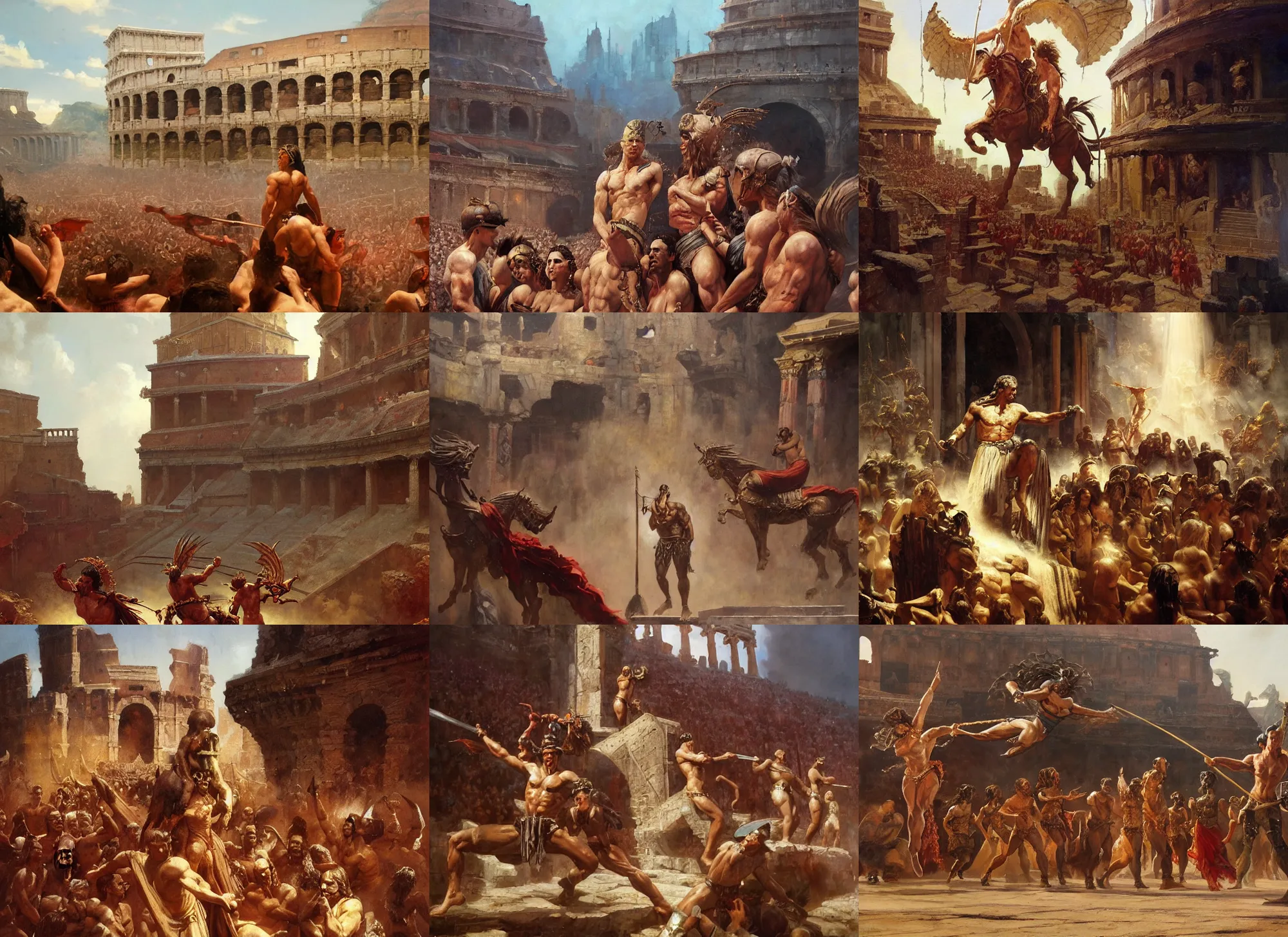 Prompt: A closeup oil painting of a ancient roman stage show, by Greg Rutkowski, Frank Frazetta, Boris Vallejo, epic fantasy character art, olympus, Exquisite detail, post-processing, masterpiece, cinematic, Coliseum of Rome