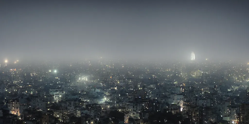 Prompt: cinematic photograph of a massive alien spaceship on top of dhaka, bangladesh. imax shot, motion still, eerie dark at night, foggy, misty